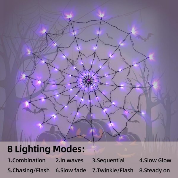 70 Led-5Ft Diameter Halloween Decorations Outdoor Spider Web Halloween Lights With Black Spider, 8Mods,Remote Control,Halloween Decoratives Outdoor And Indoor, Patio, Garden, Party