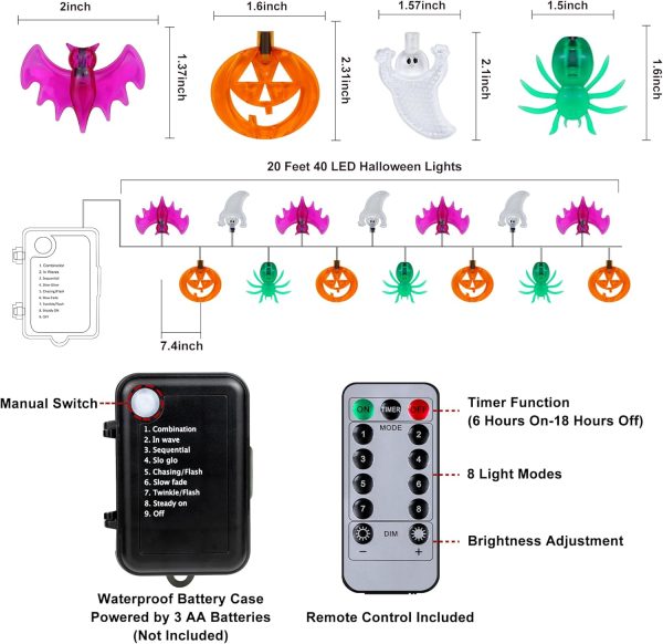 Halloween Lights 20Ft 40 Led Pumpkin Bat Spider Ghost Halloween String Lights Battery Operated With Timer, 8 Light Mode Waterproof Indoor Outdoor Halloween Decorations Light Home Yard Window Decor