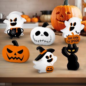 M Amfeov 6Pc Cute Ghost Halloween Decorations Indoor, Wooden Halloween Table Decorations Set Of 6, Black Cat Bat Signs Pumpkin Blocks For Party Home Shelf Display