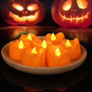 Halloween 12 Pack Orange Tea Lights, Small Dripping Candles, Battery Operated Led Tealights, Mini Pumpkins Lights With Warm White Bulb, Flameless, Electric Tea Candles Realistic For Halloween