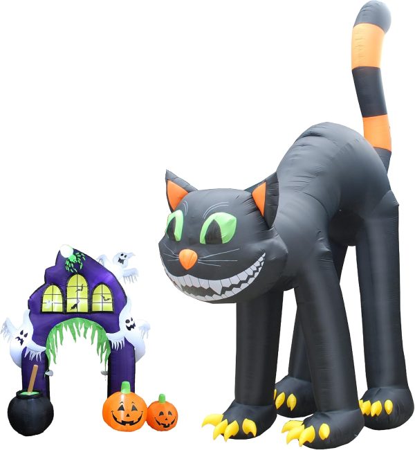 Two Halloween Party Decorations Bundle, Includes 20 Foot Tall Animated Halloween Inflatable Black Cat, And 9 Foot Tall Inflatable Castle Archway With Pumpkins Spider Ghosts Cauldron Blowup With Lights