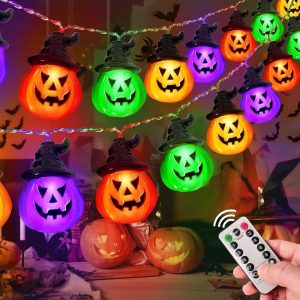 Battery Operated Halloween Pumpkin Lights, 30 Led, 8 Modes, Waterproof, Indoor Outdoor Use(Orange & Purple & Green Red)