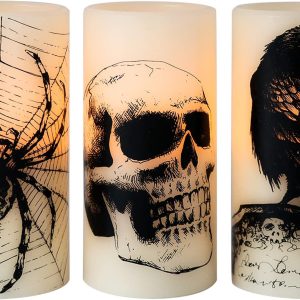 Eldnacele Halloween Flickering Candles With Skull, Spider Web, Crow Raven Decals Set Of 3, Battery Operated Halloween Themed Led Candles Horror Spooky Decoration