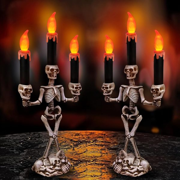 Turnmeon 2 Pack Halloween Candelabra With Led Flameless Candles Holder Battery Operated Flickering Lights Skull Candles For Halloween Decorations Indoor Home Table Party Haunted Mansion Decor (Black)