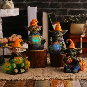 Ghoulie Halloween Resin Statue With Pumpkin Lamp