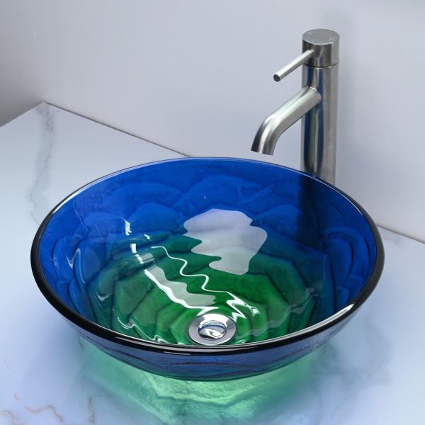 Blue Green Tempered Glass Bathroom Sink Round 17