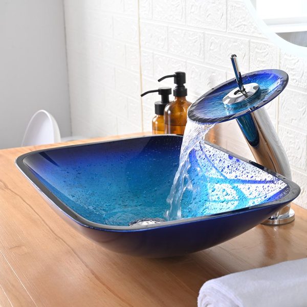 Blue Glass Vessel Sink & Watefall Faucet Set 20X15 In