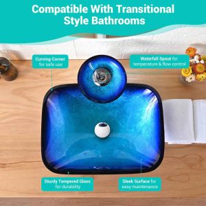 Blue Glass Vessel Sink & Watefall Faucet Set 20X15 In