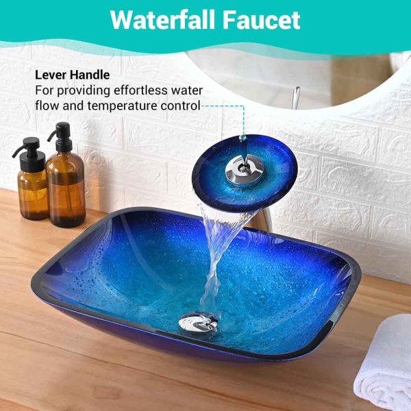 Blue Glass Vessel Sink & Watefall Faucet Set 20X15 In