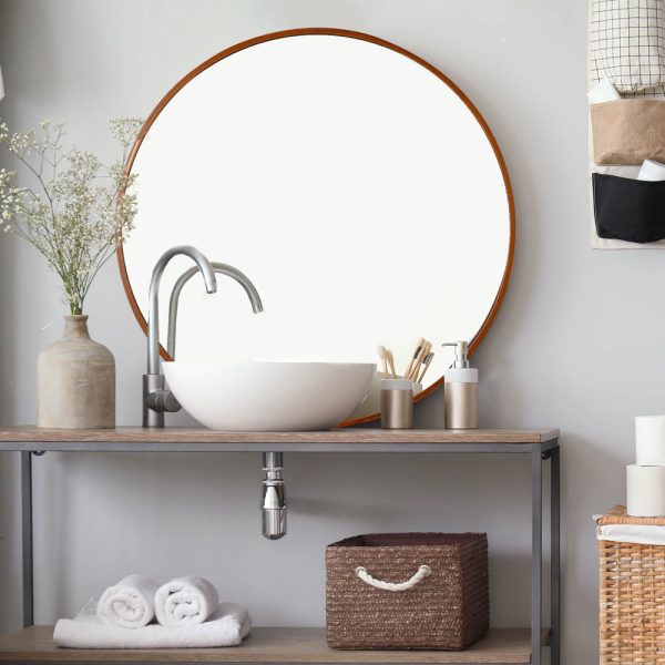 Framed Bathroom Mirror Wall Round Wood-Texture