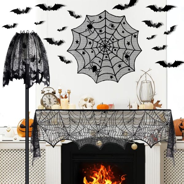 5Pack Halloween Decorations Indoor Halloween Spider Web Tablecloth Table Runners Fireplace Mantel Scarf Cobweb Lampshade Scary 3D Bats For Halloween Spooky Home Decor