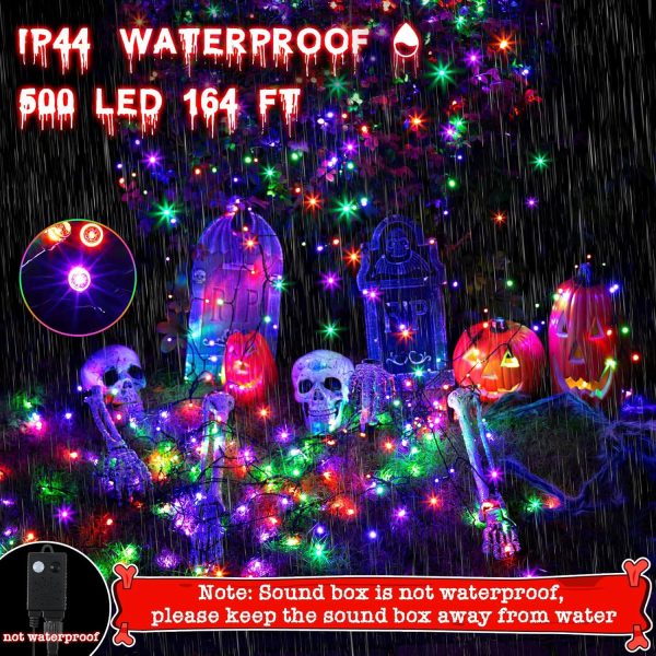 Enhon 500 Led 164Ft Halloween String Lights Outdoor With Spooky Music, Infrared Motion Sensor Controller Waterproof Lighted Halloween Fairy Lights For Halloween Party Decorations(Purple Orange Green)