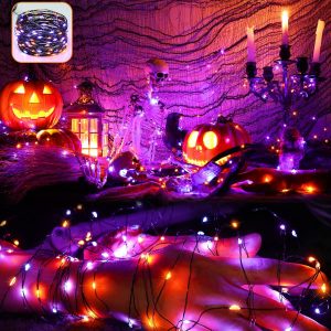 Brizled Orange & Purple Halloween Lights, 2 Pack Total 78Ft 240 Led Orange Lights, Purple Solar Halloween Lights 8 Modes, Outdoor Twinkle Orange Halloween String Lights Black Wire For Halloween Decor