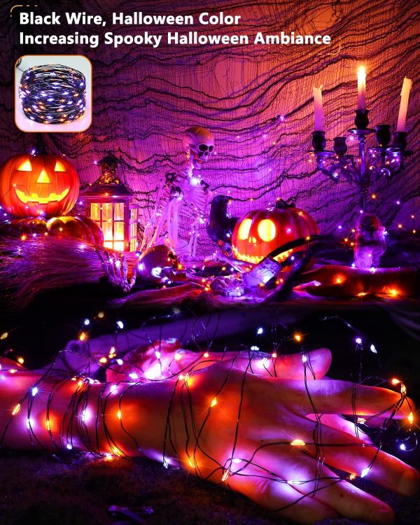 Brizled Orange & Purple Halloween Lights, 2 Pack Total 78Ft 240 Led Orange Lights, Purple Solar Halloween Lights 8 Modes, Outdoor Twinkle Orange Halloween String Lights Black Wire For Halloween Decor