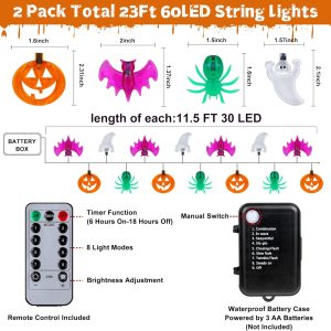 [Timer] 2 Pack Halloween Lights Total 23Ft 60 Led Pumpkin Bat Spider Ghost Halloween String Lights Battery Operated, 8 Modes Waterproof Indoor Outdoor Halloween Decorations Lights Home Window Decor