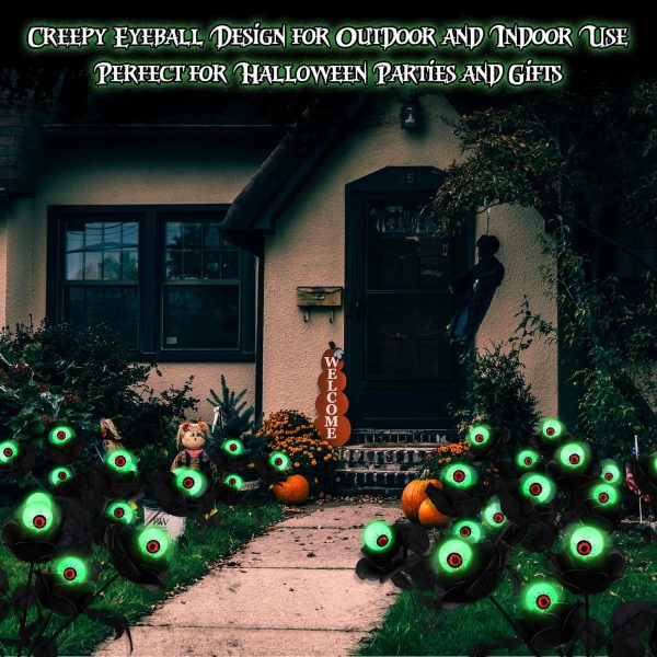 Vihose 4 Pack Solar Halloween Eyeball Lights 16 Led Eyeball Flower Halloween Decor Outdoor Swaying Firefly Black Flower With Scary Eyeball Lights For Yard Garden Pathway Halloween Decoration(Green)