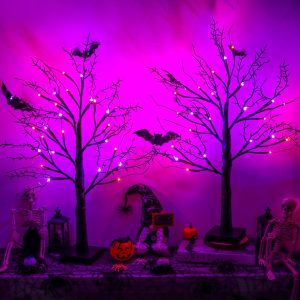 Halloween Decorations Indoor 2 Pack 24 Inch Halloween Black Tree With 24 Orange Purple Lights, Timer/Usb/Battery Operated Tabletop Lighted Halloween Spooky Tree For Halloween Table Decor Home Indoor