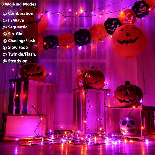 Joomer Orange Purple Halloween Lights, 66Ft 200 Led Battery Operated String Lights Waterproof Halloween Battery Lights With 8 Modes & Timer Function For Halloween Decorations