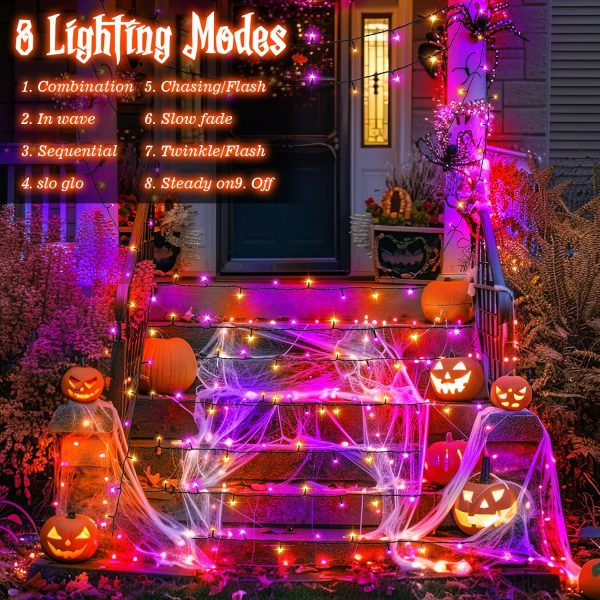 Ffzzkj 8 Modes Halloween String Lights Total 100Led Battery Operated Halloween Lights Outdoor With Timer 16.4Ft*2, 50Led*2 Waterproof Fairy Lights Indoor For Halloween Decor, Orange&Purple, 2-Pack