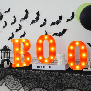 Halloween Decorations Indoor, Boo Halloween Decor Set, Halloween Party Decorations With Light Up Letters “Boo”, Happy Halloween Banner, Bats Decor And Spider Web Mantel Scarf For Home Tabletop