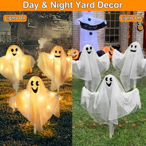 3 Pack Halloween Outdoor Decorations Lighted Ghost Yard Stakes With 50 Led Warm White Lights 8 Modes Battery Operated Bendable Arm Light Up White Cloth Ghost Yard Garden Outside Haunted House Decor