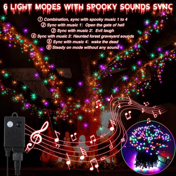 Enhon 500 Led 164Ft Halloween String Lights Outdoor With Spooky Music, Infrared Motion Sensor Controller Waterproof Lighted Halloween Fairy Lights For Halloween Party Decorations(Purple Orange Green)