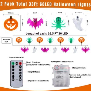 2 Pack Halloween Lights Outdoor Indoor Total 33Ft 60 Led Pumpkin Bat Spider Ghost Halloween String Lights Battery Operated With Timer, 8 Light Modes Halloween Decorations Lights Home Window Yard Decor