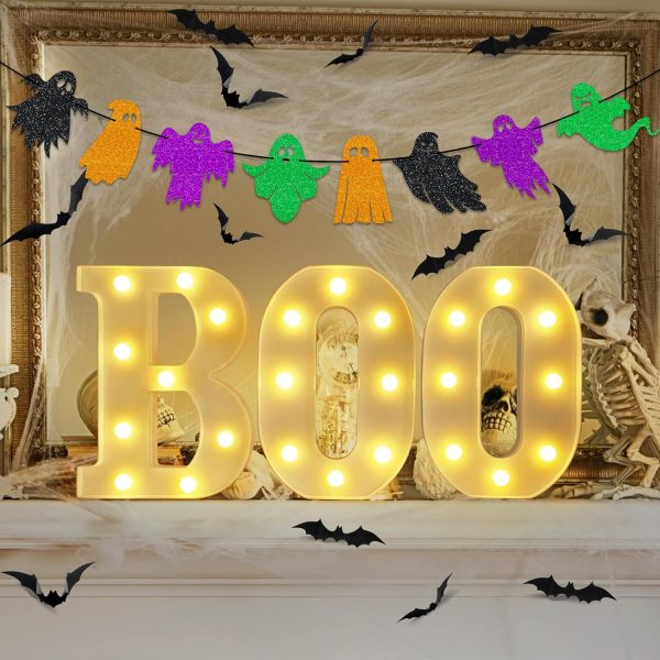 Halloween Decorations - Led Marquee Light Up Letters “Boo” Lights + Ghost Banner For Home Indoor Kitchen Fireplace Party Table Decor Supplies (Batteries Not Included)