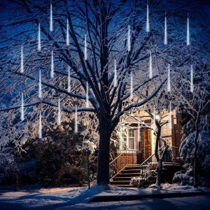 Weepong Christmas Lights Outdoor Ul Certified Meteor Shower Lights 12Inch 8Tubes 192Led Falling Rain Drop Lights Icicle Snow Cascading Xmas Lights For Tree Wedding Party Garden Decoration,White