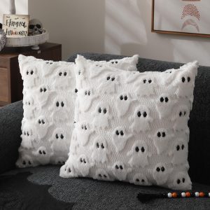 Dfxsz Halloween Pillow Covers 18X18 Inch Set Of 2 White Ghost Throw Pillow Cases Soft Plush Faux Fur Wool Couch Cushion Case For Chair Sofa Bedroom Living Room Home Decor Ptk03A18