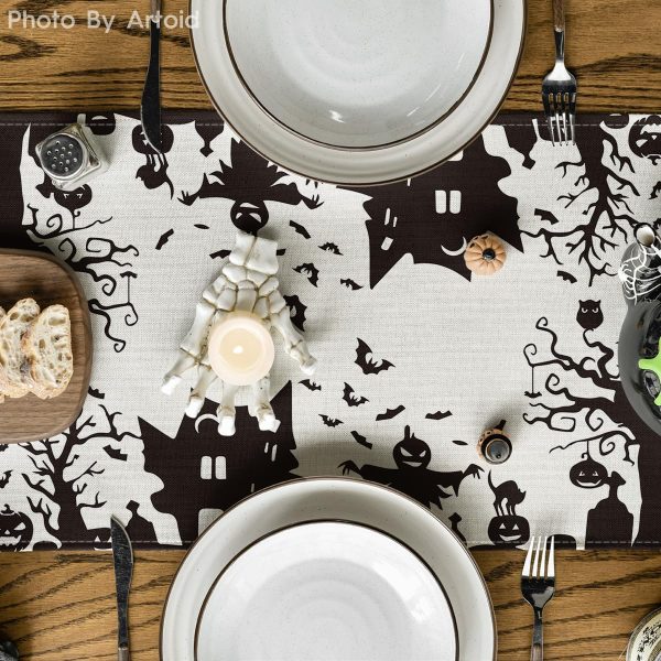 Artoid Mode Black White Spooky Haunted House Tree Ghost Witch Halloween Table Runner, Fall Kitchen Dining Table Decoration For Home Party Decor 13X72 Inch