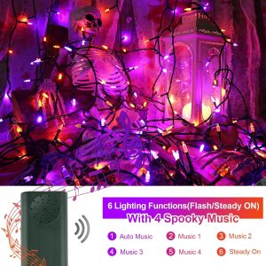 Tcamp Battery Operated Halloween Lights Motion Activated Sync With Music, 33Ft 100 Led Orange Purple Halloween String Lights With Spooky Music For Outdoor Indoor Halloween Decor (6 Lighting Modes)