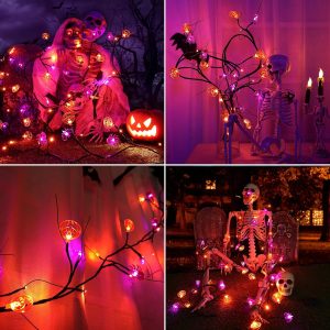 Toodour Halloween Decoration Indoor, 7Ft Orange & Purple Halloween Willow Vine Lights With Spider, Bat, Pumpkin, Waterproof Battery Operated Halloween Lights For Window Table Wall Decor