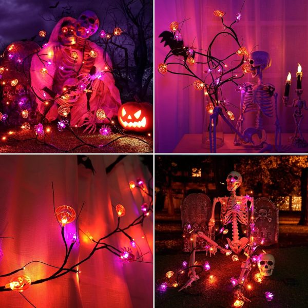 Toodour Halloween Decoration Indoor, 7Ft Orange & Purple Halloween Willow Vine Lights With Spider, Bat, Pumpkin, Waterproof Battery Operated Halloween Lights For Window Table Wall Decor