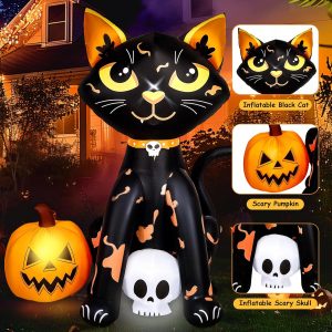 Camuland 5Ft Halloween Decorations Outdoor, Halloween Inflatable Blow Up Black Cat And Pumpkin Decor With Built-In Led Lights Trick Or Treat For Indoor Lawns Yards Party Home