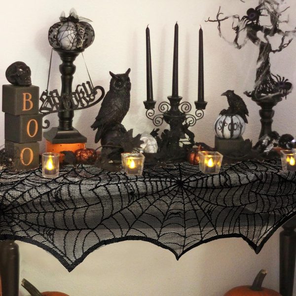 Aerwo Halloween Decoration Black Lace Spiderweb Fireplace Mantle Scarf Cover Festive Party Supplies 45 X 243Cm 18 X 96 Inch