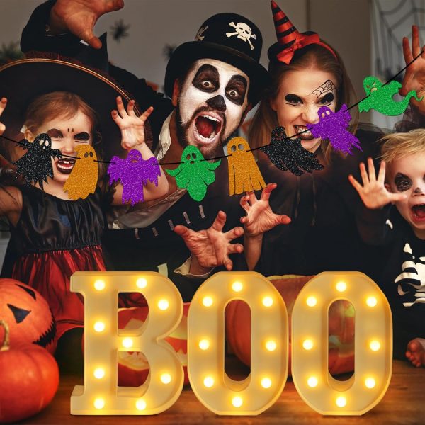 Halloween Decorations - Led Marquee Light Up Letters “Boo” Lights + Ghost Banner For Home Indoor Kitchen Fireplace Party Table Decor Supplies (Batteries Not Included)