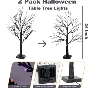 Halloween Decorations Indoor 2 Pack 24 Inch Halloween Black Tree With 24 Orange Purple Lights, Timer/Usb/Battery Operated Tabletop Lighted Halloween Spooky Tree For Halloween Table Decor Home Indoor