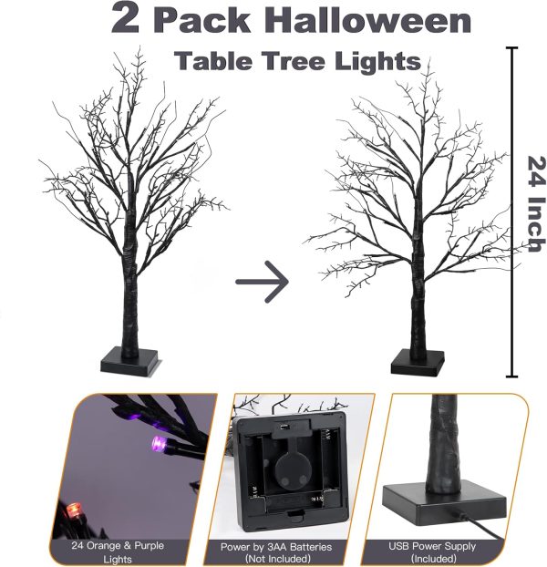 Halloween Decorations Indoor 2 Pack 24 Inch Halloween Black Tree With 24 Orange Purple Lights, Timer/Usb/Battery Operated Tabletop Lighted Halloween Spooky Tree For Halloween Table Decor Home Indoor