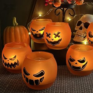 Halloween Centerpiece For Table 6 Pcs, Orange Pumpink Grimace Glass Votive Candle Holders, Tealight Holders For Indoor Outdoor Halloween Decor