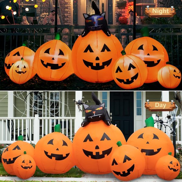 Joybest Halloween Inflatable Decoration 8 Ft Long Inflatable 7 Pumpkins Patch Lanterns With Black Cat With Build-In Leds Blow Up Inflatables For Thanksgiving Party Outdoor Garden Lawn Yard Deco