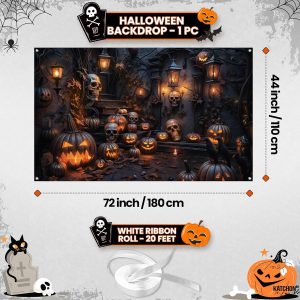 Katchon, Xtralarge Spooky Halloween Backdrop - 72X44 Inch | Halloween Banner For Pumpkin Halloween Decorations | Halloween Photo Backdrop | Halloween Pumpkin Banner For Halloween Party Decorations