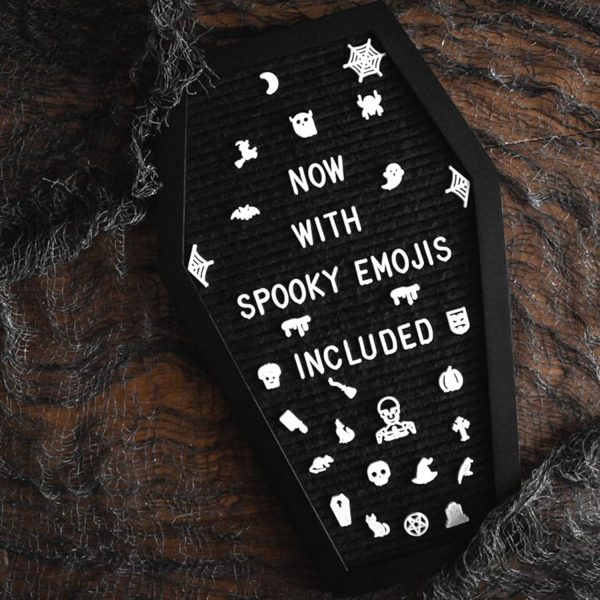 Coffin Letter Board Black With Spooky And All Seasons Emojis +500 Characters, And Wooden Stand - 17X10.5 Inches - Halloween Decorations Gothic Decor Spooky Gifts