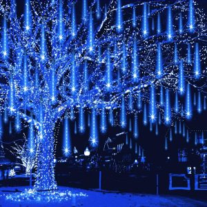 Weepong Meteor Shower Lights Outdoor Christmas Lights Ul Certified Falling Rain Drop Lights Snowfall Icicle Cascading String Lights For Xmas Holiday Tree Garden Decor Blue, 12Inch 8Tubes