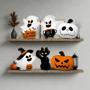 M Amfeov 6Pc Cute Ghost Halloween Decorations Indoor, Wooden Halloween Table Decorations Set Of 6, Black Cat Bat Signs Pumpkin Blocks For Party Home Shelf Display