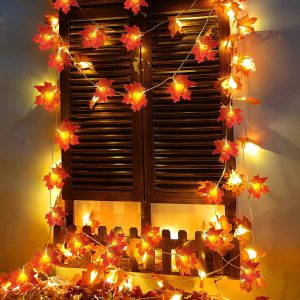 Turnmeon 2 Pack Fall Decor Enlarged Maples Leafed Halloween Fall Decorations For Home Fall Lights Thick Leafs Garlands, Total 20Ft 40Led Battery Operated Waterproof Thanksgiving Decor Indoor Outdoor