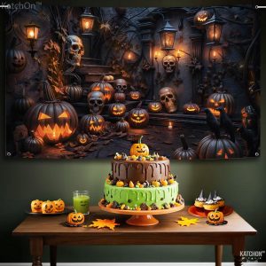 Katchon, Xtralarge Spooky Halloween Backdrop - 72X44 Inch | Halloween Banner For Pumpkin Halloween Decorations | Halloween Photo Backdrop | Halloween Pumpkin Banner For Halloween Party Decorations