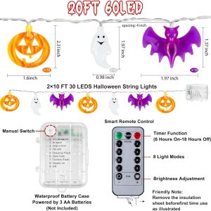 [Timer] 2 Pack Halloween Lights Indoor Outdoor, 20Ft 60 Led Pumpkin Bat Ghost Battery Operated String Lights, 8 Lighting Modes Waterproof Halloween Decorations Lights For Home Party Decor