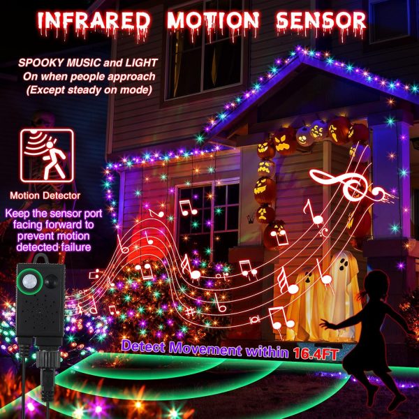 Enhon 500 Led 164Ft Halloween String Lights Outdoor With Spooky Music, Infrared Motion Sensor Controller Waterproof Lighted Halloween Fairy Lights For Halloween Party Decorations(Purple Orange Green)