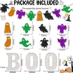 Halloween Decorations - Led Marquee Light Up Letters “Boo” Lights + Ghost Banner For Home Indoor Kitchen Fireplace Party Table Decor Supplies (Batteries Not Included)